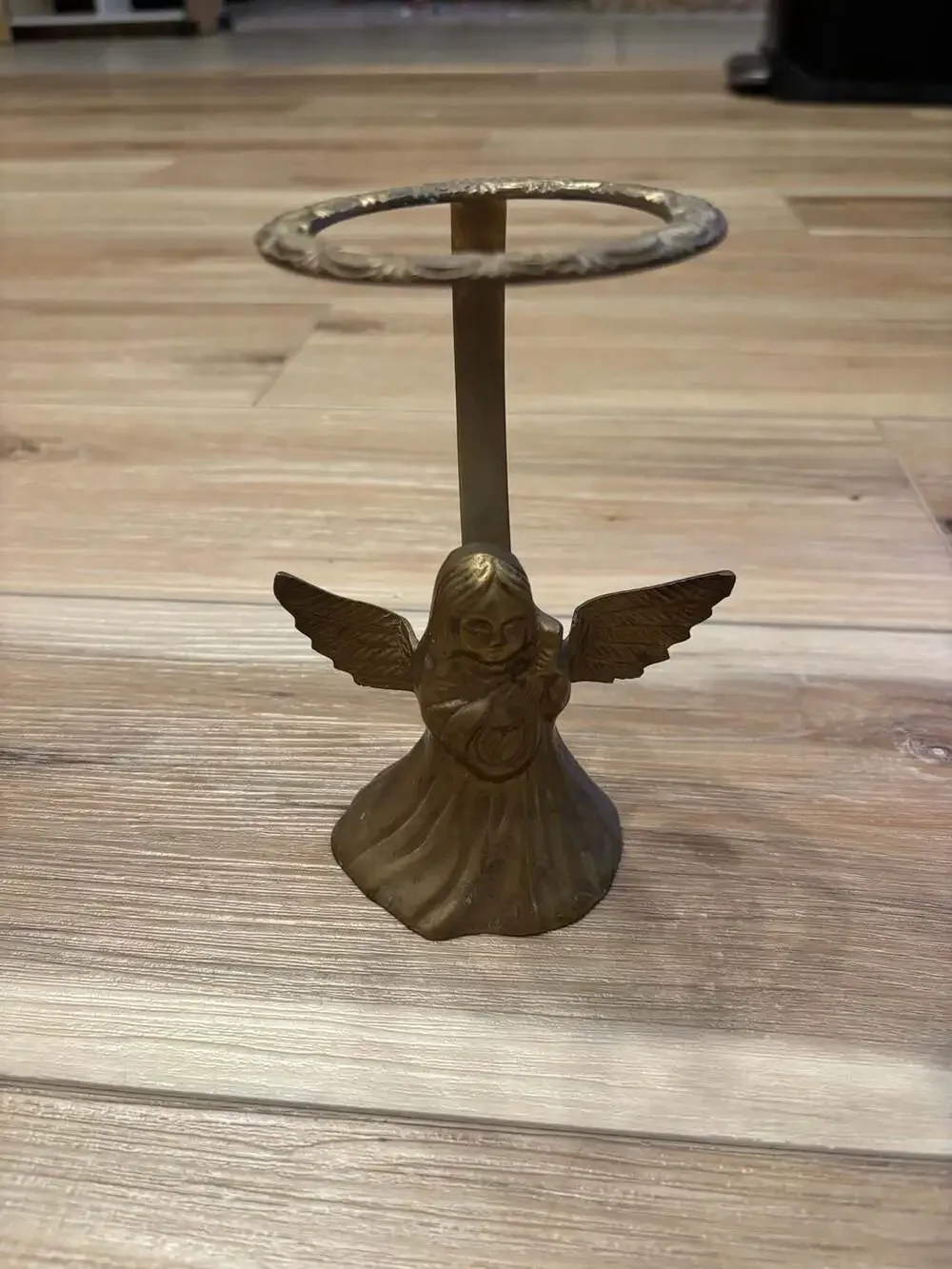 Vintage Brass Angel Halo Candle or Orb Holder Playing Harp